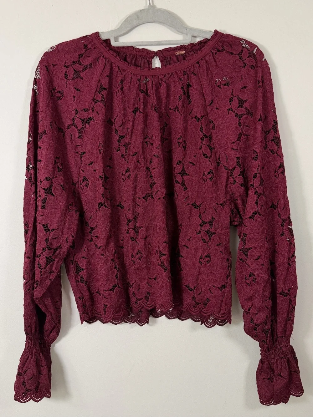 Free People Burgundy Floral Lace Long-Sleeve Blouse
